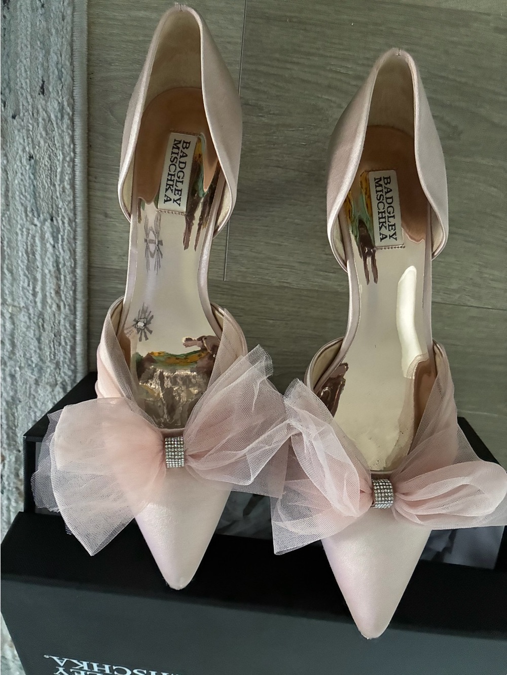 Badgley Mischka Blush Pink Satin Pointed-Toe Bow Heels with Rhinestone Accent